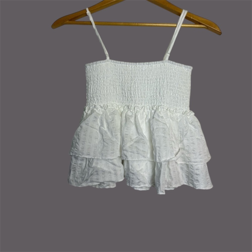 Bb Dakota X Steve Madden Top White Crop Smocked Ruffle Top XS Timeless Chic